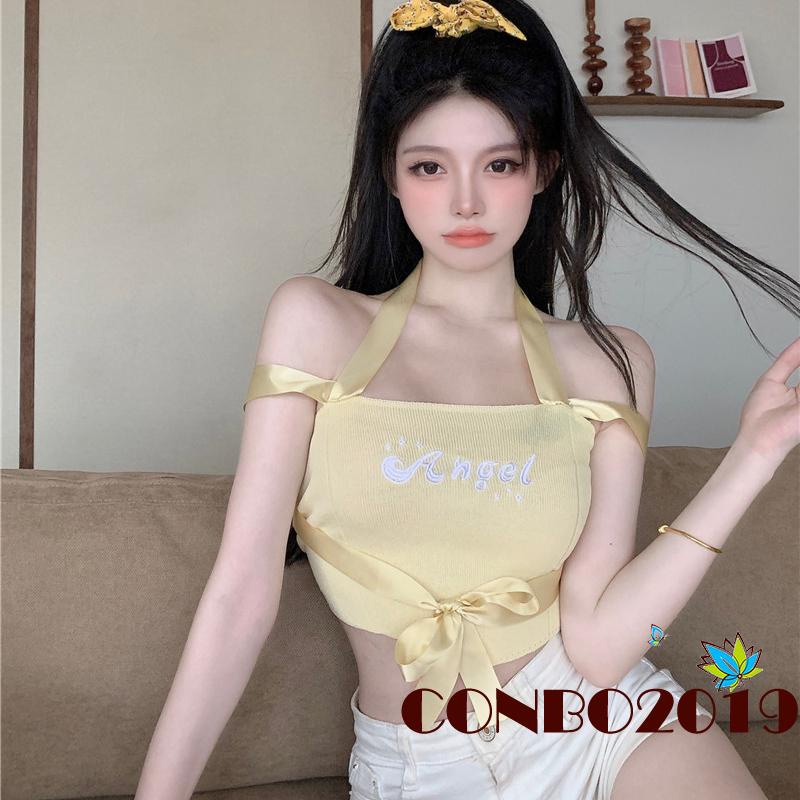 Áo Hai Dây Dệt Kim Hở Rốn Thêu Chữ Thời Trang Cho Nữ