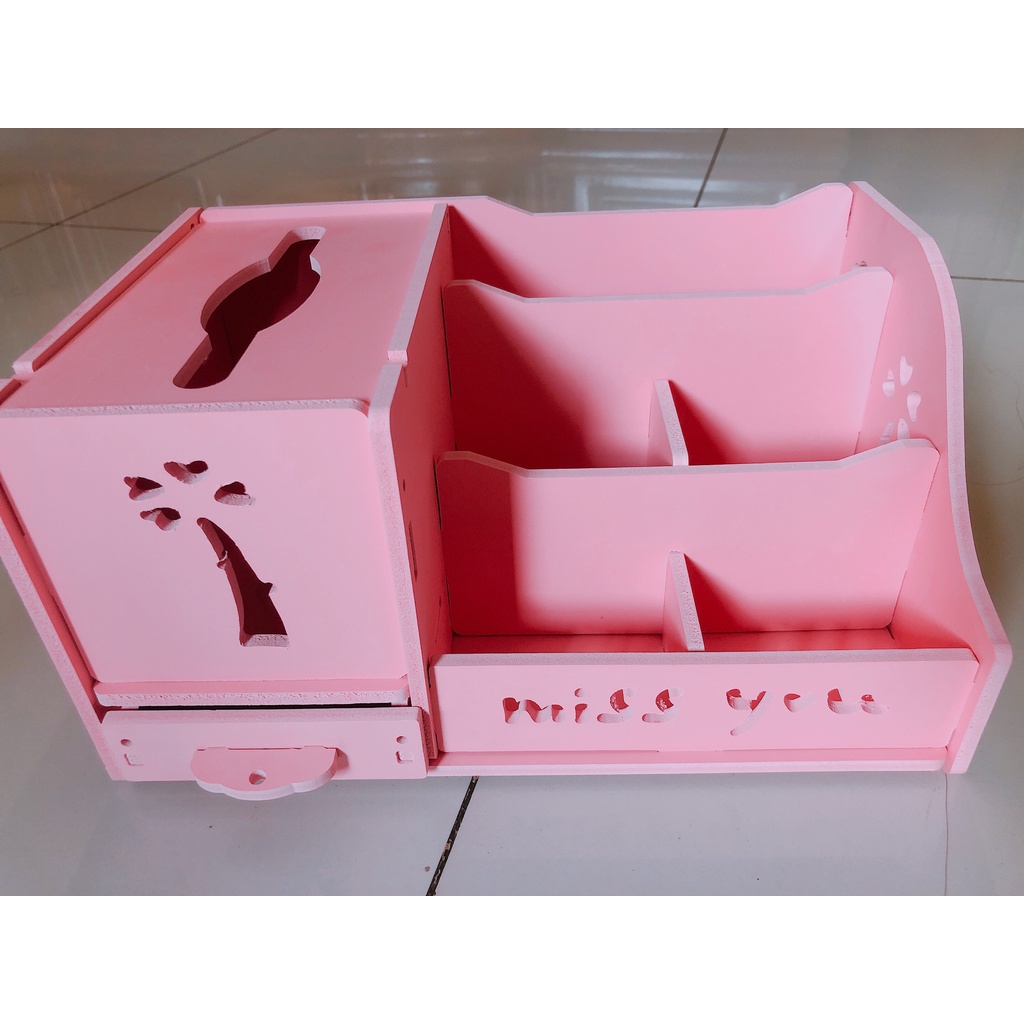 Kệ mỹ phẩm gỗ để bàn in chữ miss you kèm hộp đựng khăn giấy kích thước 28x19x14cm