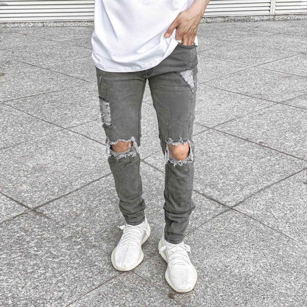 Quần Jean nam rách, quần bò nam rách gối màu xám KQ24, form Slimfit ôm vừa, chất jean Co Giãn Thoải Mái.