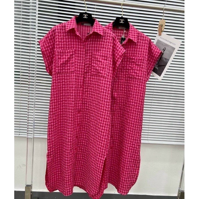 váy đầm suông sơ mi kẻ hồng hottrend chất đũi mát dáng xuông dễ mặc V151 SUTANO