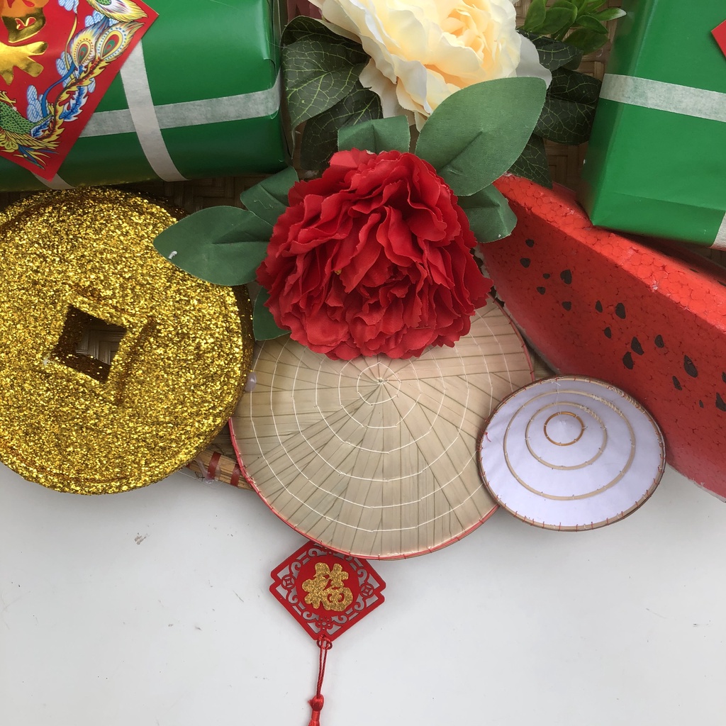 Mẹt bánh chưng giò dưa hấu đồng tiền giỏ bắt cua nón treo trang trí Tết cỡ lớn 60cm