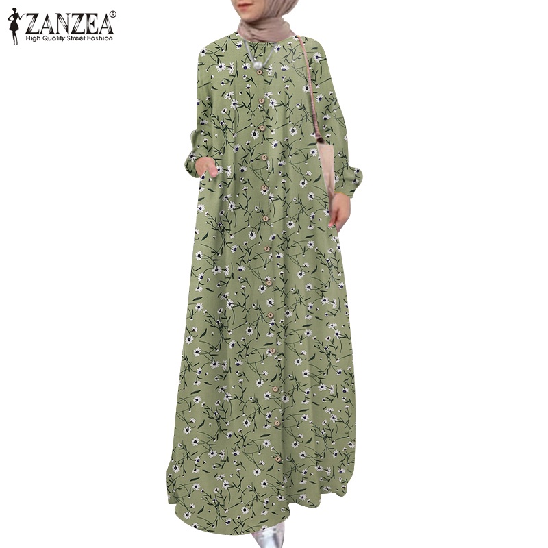 Đầm maxi Zanzea tay dài cổ tròn in họa tiết hoa thời trang cho nữ