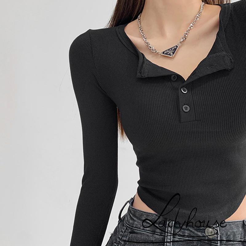 LDD-Women T-shirt Long Sleeve Henley Neck Solid Slim Fit Fall Casual Daily Ladies Tops