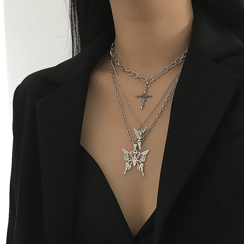 Set Dây Chuyền Nhiều Lớp Mặt Bướm/ Thanh Giá Và Cánh Thiên Thần Cá Tính