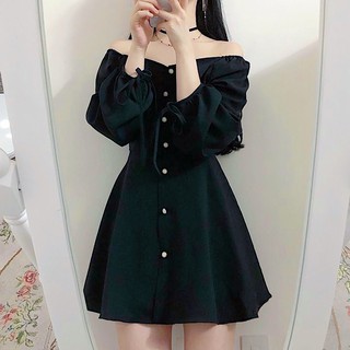 Đầm đen nút tròn tay dài (kèm hình thật)