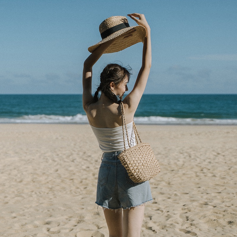 Túi cói đi biển trơn hình quả trám, kiểu dệt cổ điển có lớp lót trong rộng rãi T338