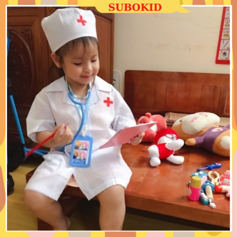 Áo Bác Sĩ Cho Bé Tập Làm Bác Sĩ Tương Lai Tặng Kèm Nón