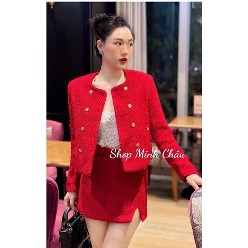 Set áo và chân váy dạ đỏ Zarrraa dư sịn