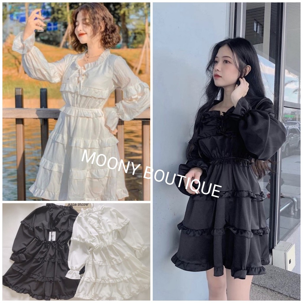 Váy Babydoll Vintage viền bèo tiểu thư siêu xinh 2 màu ➡ Đầm nữ trắng nhiều tầng dáng dài kèm ảnh thật