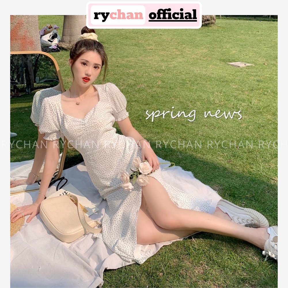 Đầm Đi Biển Xòe Bi Nhí Xẻ Tà Nhún Ngực Lót Trong Dày Dặn - DX810