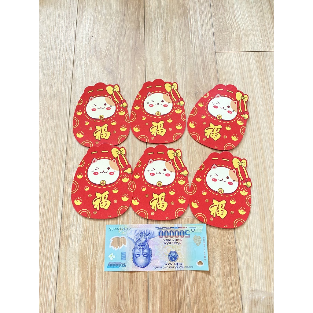 Combo 6 bao lì xì tết - Bao lì xì ép nhũ kim cao cấp mèo thần tài chữ Phúc - có sẵn tại HCM