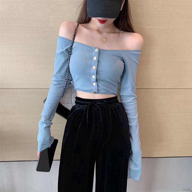 Áo Croptop Tay Dài Phối Nút Thiết Kế Màu Trơn Thanh Lịch