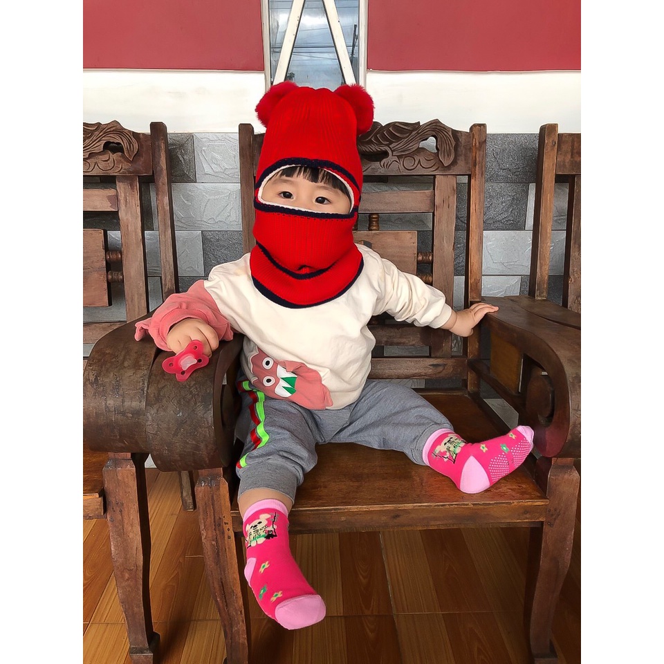 Mũ len cho bé trai gái mùa đông hai quả bông trùm đầu dễ thương giá rẻ đẹp kèm khăn hàng hiệu giữ ấm - ML1A