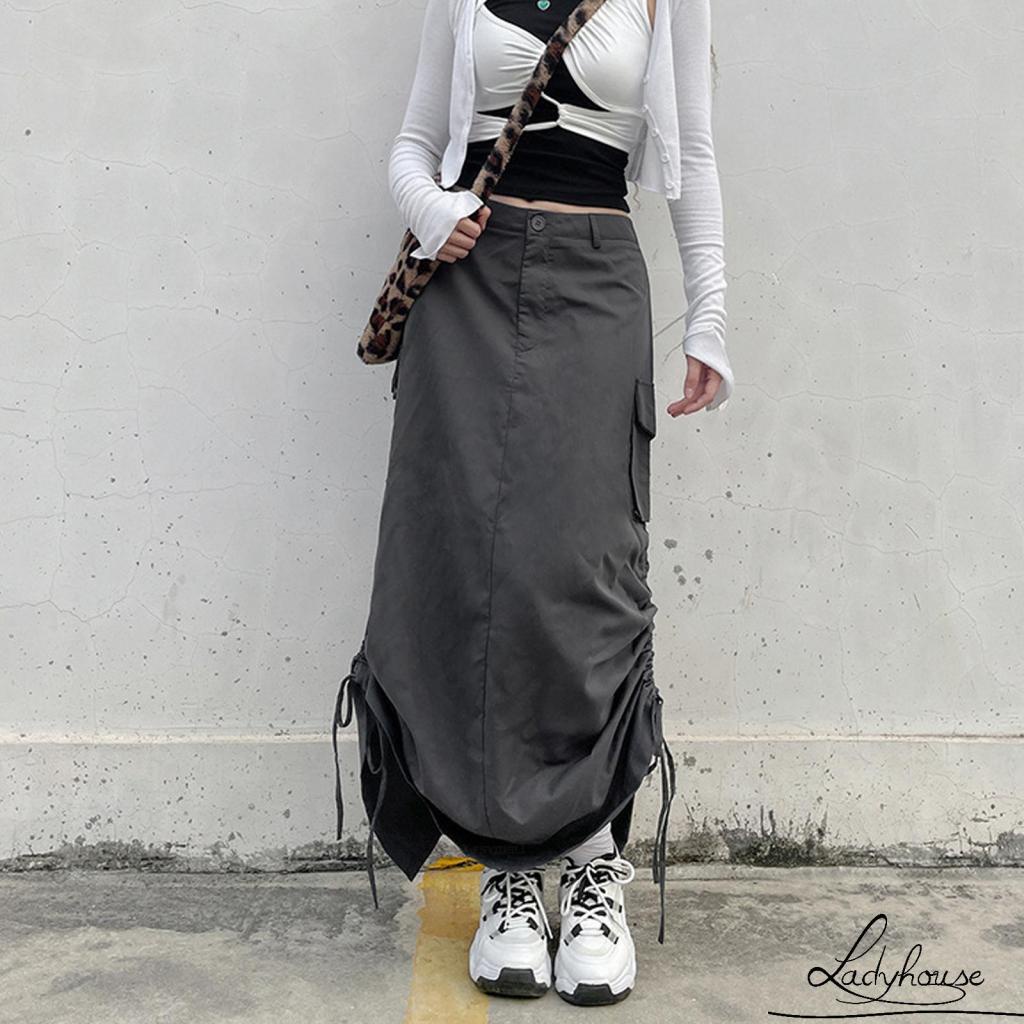 Chân Váy Dài Dáng Rộng Màu Trơn Dây Rút Tùy Chỉnh Thời Trang Mùa Hè Cho Nữ