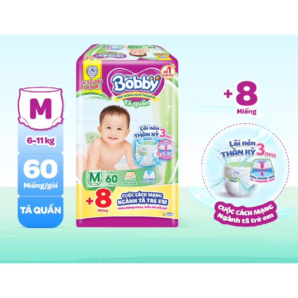 Tã Quần Bobby Siêu Thoáng M60,L52,XL48,XXL44, M76/L68/XL62/XXL56 mẫu mới tặng 8 miếng