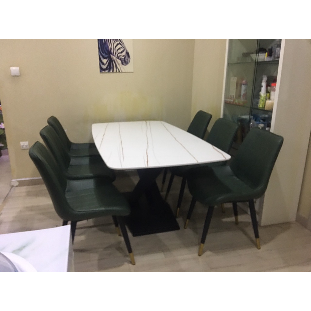 Bộ bàn ăn chân chân thép sơn tĩnh điện mặt đá Ceramic chân X kết hợp ghế loft