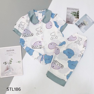 Bộ đồ mặc nhà Pyjamas lụa mango cao cấp, bộ ngủ quần lửng cổ sen xanh