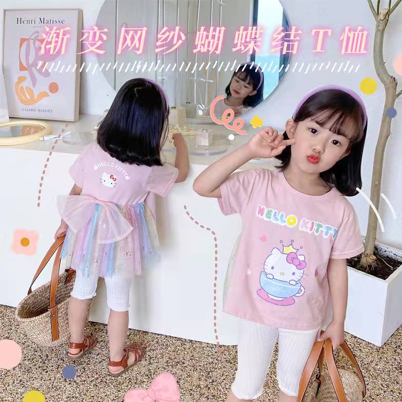 Hellokitty Áo Thun In Hình Hello Kitty Phối Lưới Và Nơ Thời Trang 2022 Cho Bé Gái
