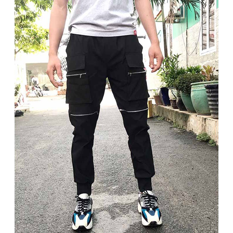 ❤️ MẪU MỚI ❤️ Quần jogger túi hộp nam phối khóa ZIP túi vải kaki co giãn MÀU ĐEN CÓ ẢNH THẬT