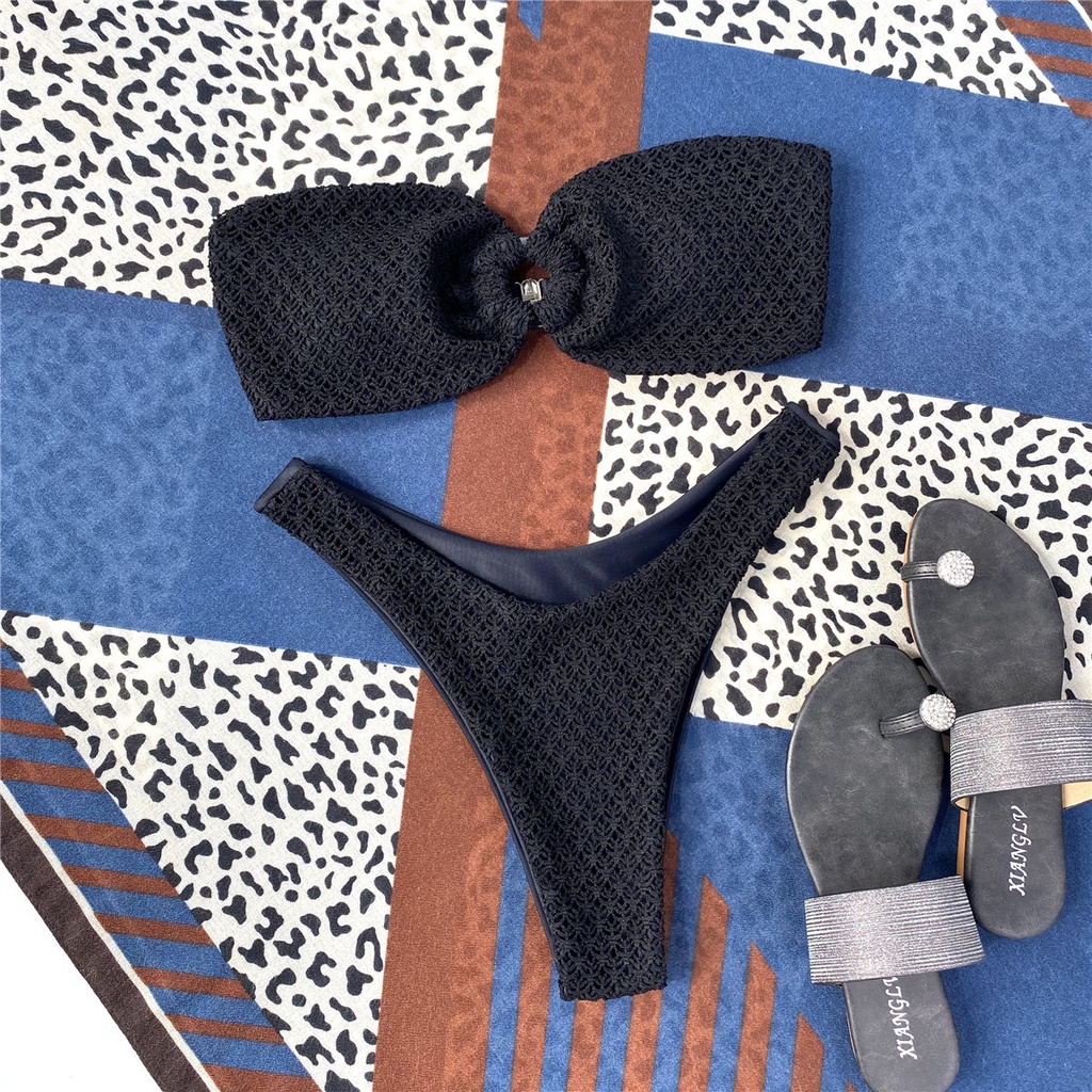 SET BIKINI ĐEN/TRẮNG/TÍM LILAC/HỒNG/XANH BLUE QUÂY VẢI VÂN KHUY TRÒN NGỰC