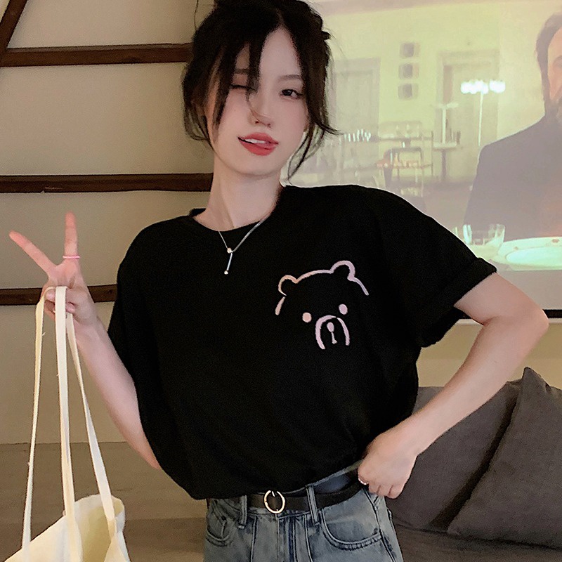 SUXI Áo Thun Tay Ngắn Cổ Tròn Form Rộng Phong Cách Hàn Quốc Cho Nữ