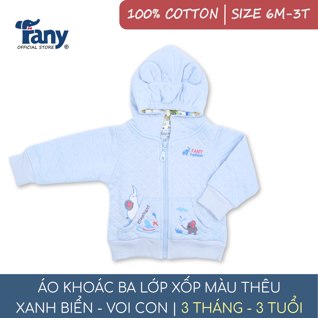 Áo khoác 3 lớp xốp màu thêu Fany® size 6M-3T cho trẻ 3 tháng - 3 tuổi 100% cotton mềm mại giữ ấm tốt điều hòa thân nhiệt