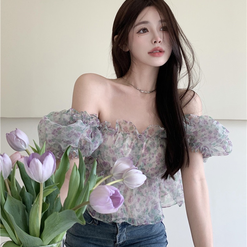 Áo Kiểu Tay Ngắn Hở Vai In Họa Tiết Hoa Nhí Xinh Xắn Thời Trang Cho Nữ