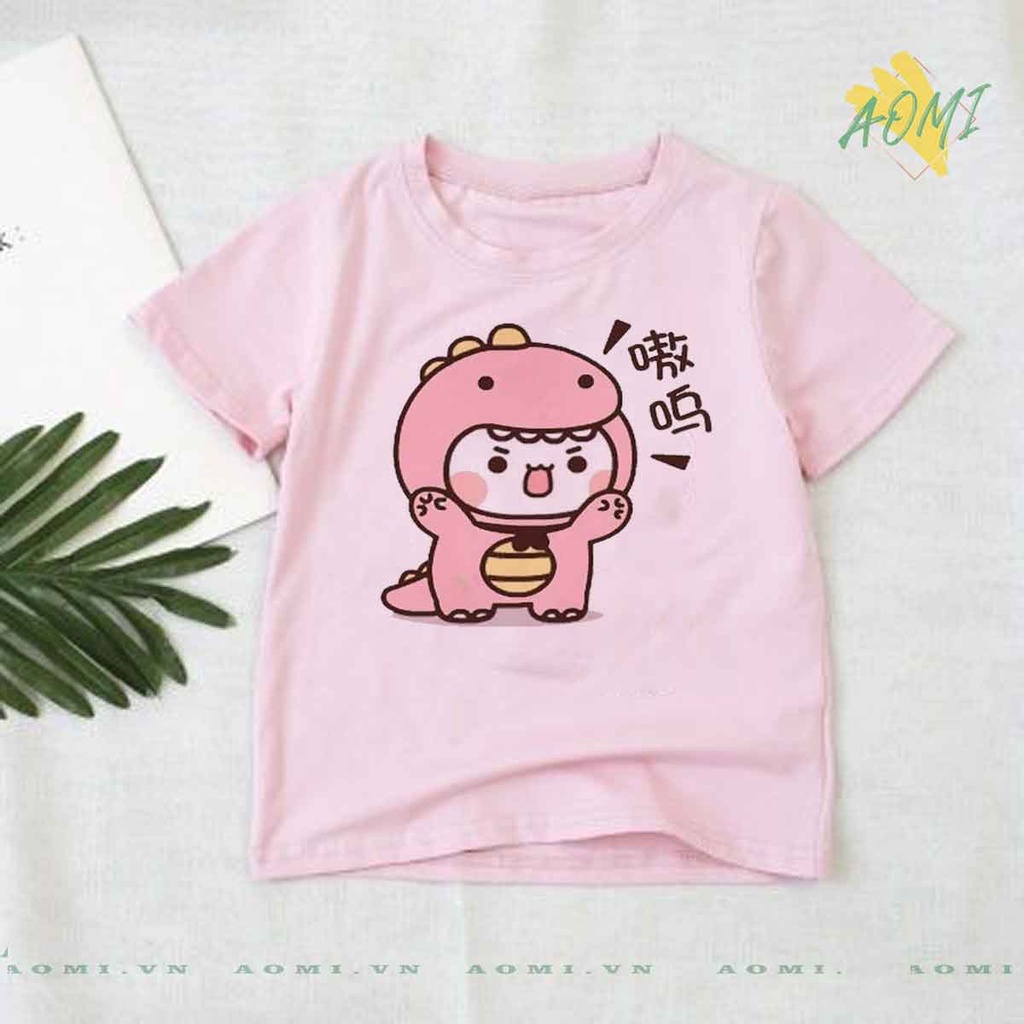 ÁO THUN UNISEX hoat hình khủng long cute PHÔNG HỒNG TAY NGẮN NAM NỮ GIA ĐÌNH CẶP ĐÔI SIZE TRẺ EM BÉ TRAI GÁI AOMIVN
