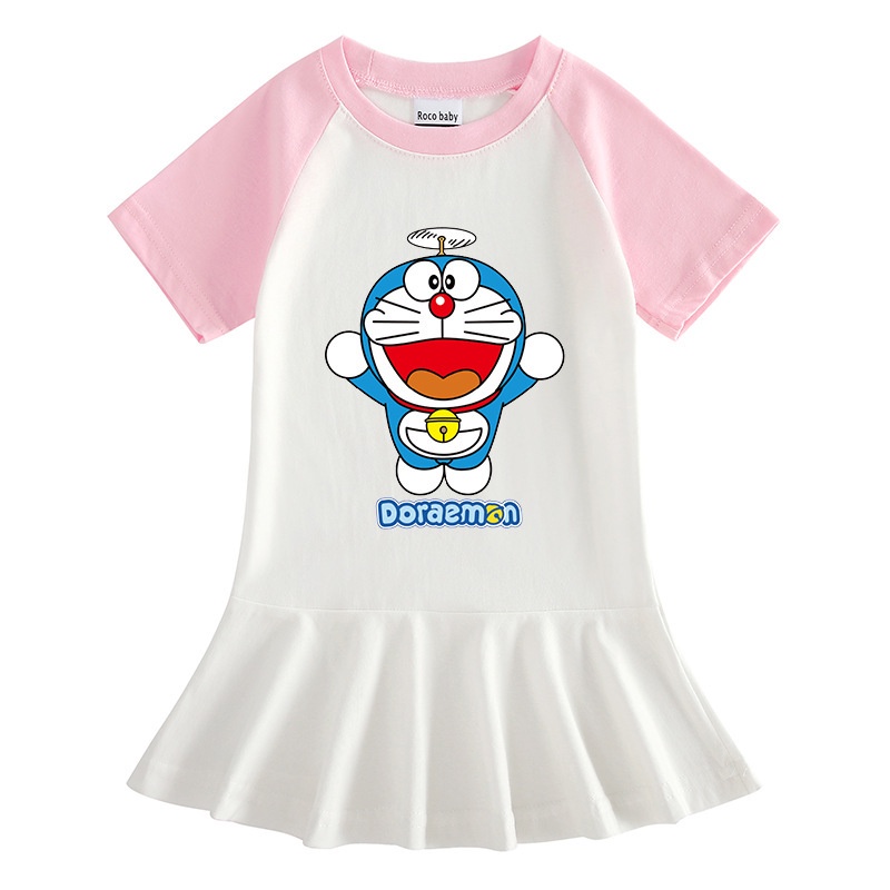 Đầm xếp ly mỏng họa tiết hoạt hình Doraemon đáng yêu cho bé gái