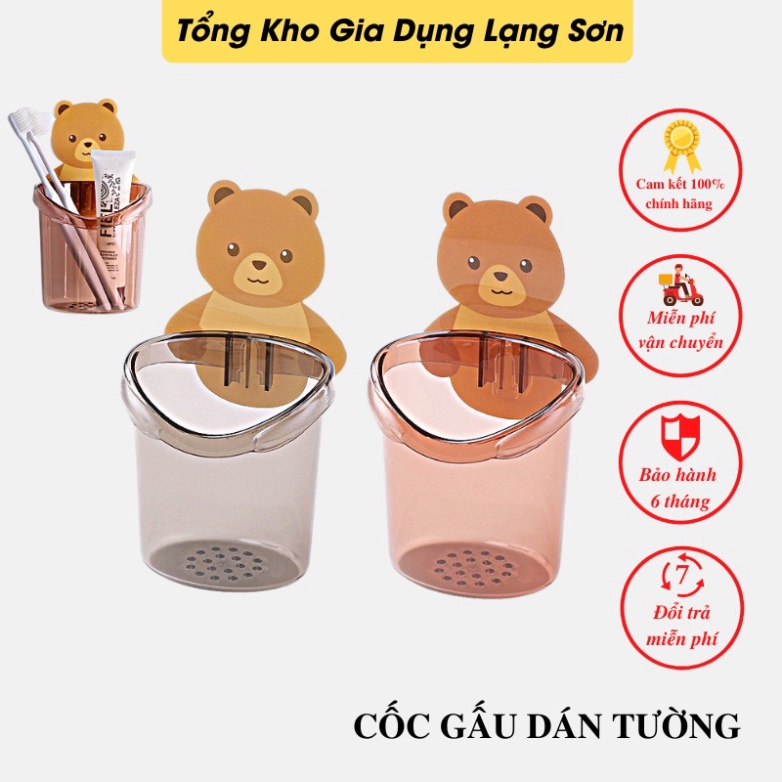 Cốc gấu dán tường đựng bàn chải kem đánh răng, cốc hình gấu dế thương kèm móc dán dính tường đựng đồ đa năng tiện lợi A0