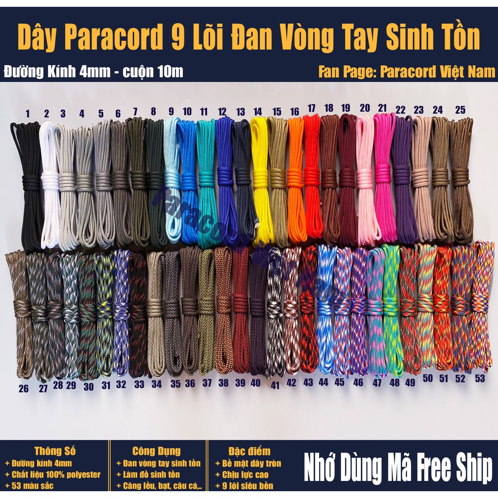 Dây Dù Paracord 9 Lõi 4mm tròn - 10 mét