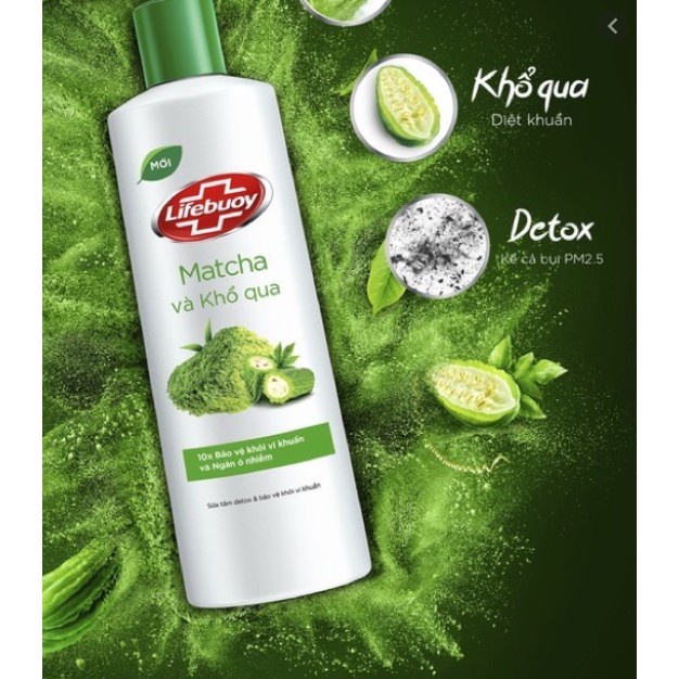 5 chai Sữa tắm Lifebuoy trà xanh và khổ qua chai 200ml