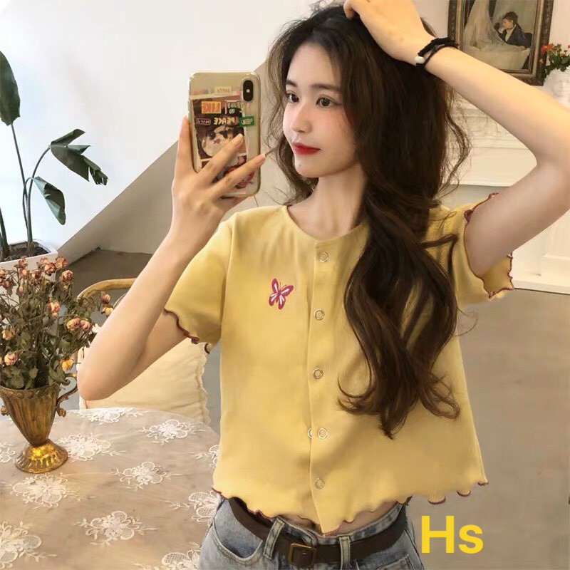 ÁO CROPTOP BƯỚM THÊU CÀI CÚC