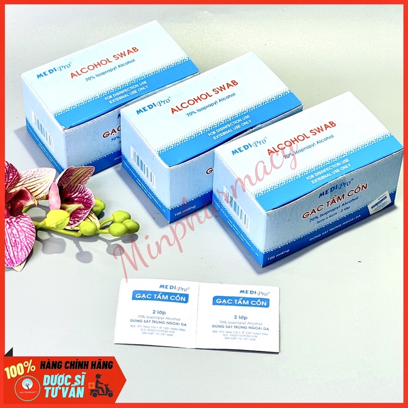 Gạc tẩm cồn MEDI pro 2 lớp Sát trùng da Alcohol swab 3x6cm (hộp 100 miếng)