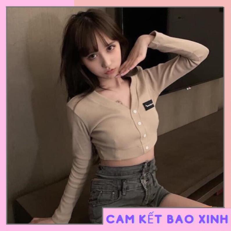 Áo croptop nữ tay dài cổ V phối cúc thêu logo chất vải thun Borip FreeSize dưới 53kg [Hàng Đẹp]