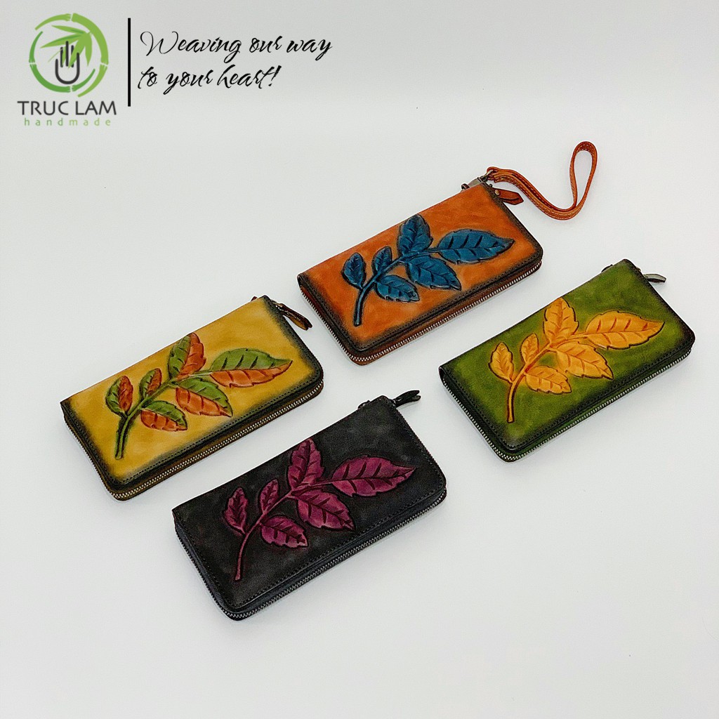 Ví Dài Cầm Tay Thời Trang Nữ Da Thật Cao Cấp Có Khóa Kéo Họa Tiết Cành Lá – Trúc Lâm Handmade