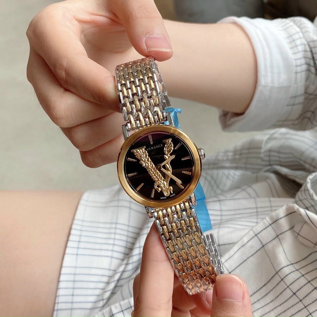 Đồng hồ nữ Versace gold 35mm máy Swiss quartz, mẫu mặt tròn viền vàng, dây thép không gỉ