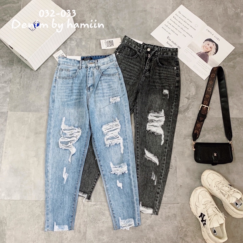 Quần bò baggy rách cá tính. 2 màu xanh, đen khói size S M L