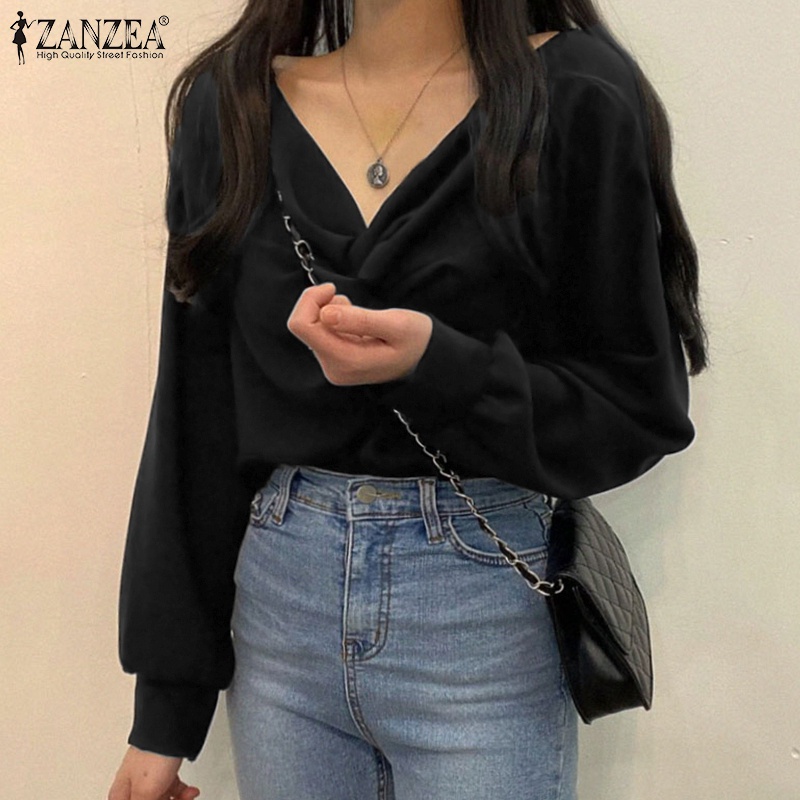 Áo kiểu Zanzea tay dài cổ chữ v phong cách hàn quốc thời trang cho nữ