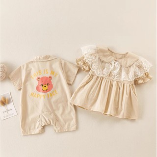 Set đồ sơ sinh bé trai bé gái màu be thời trang in hình gấu dễ thương phối ren chất liệu cotton, đồ song sinh