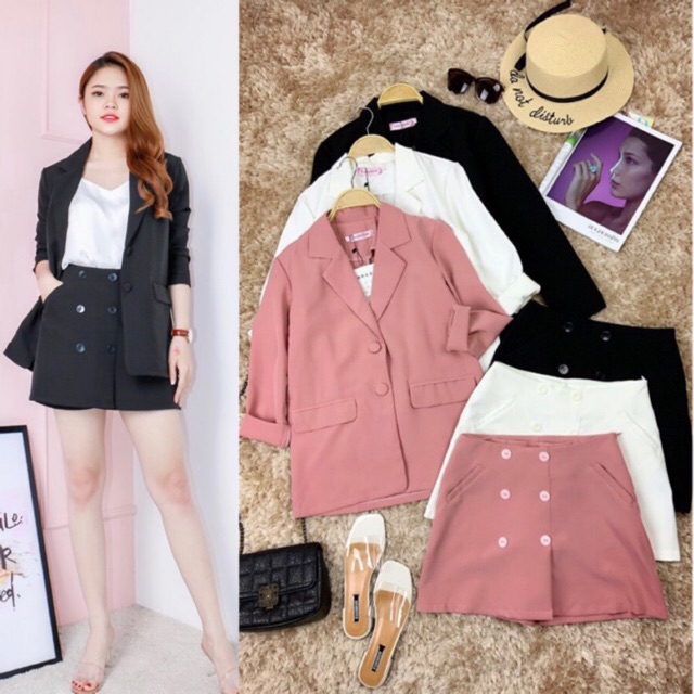Set áo khoác vest, blazer công sở tay dài và quần giả váy chữ A