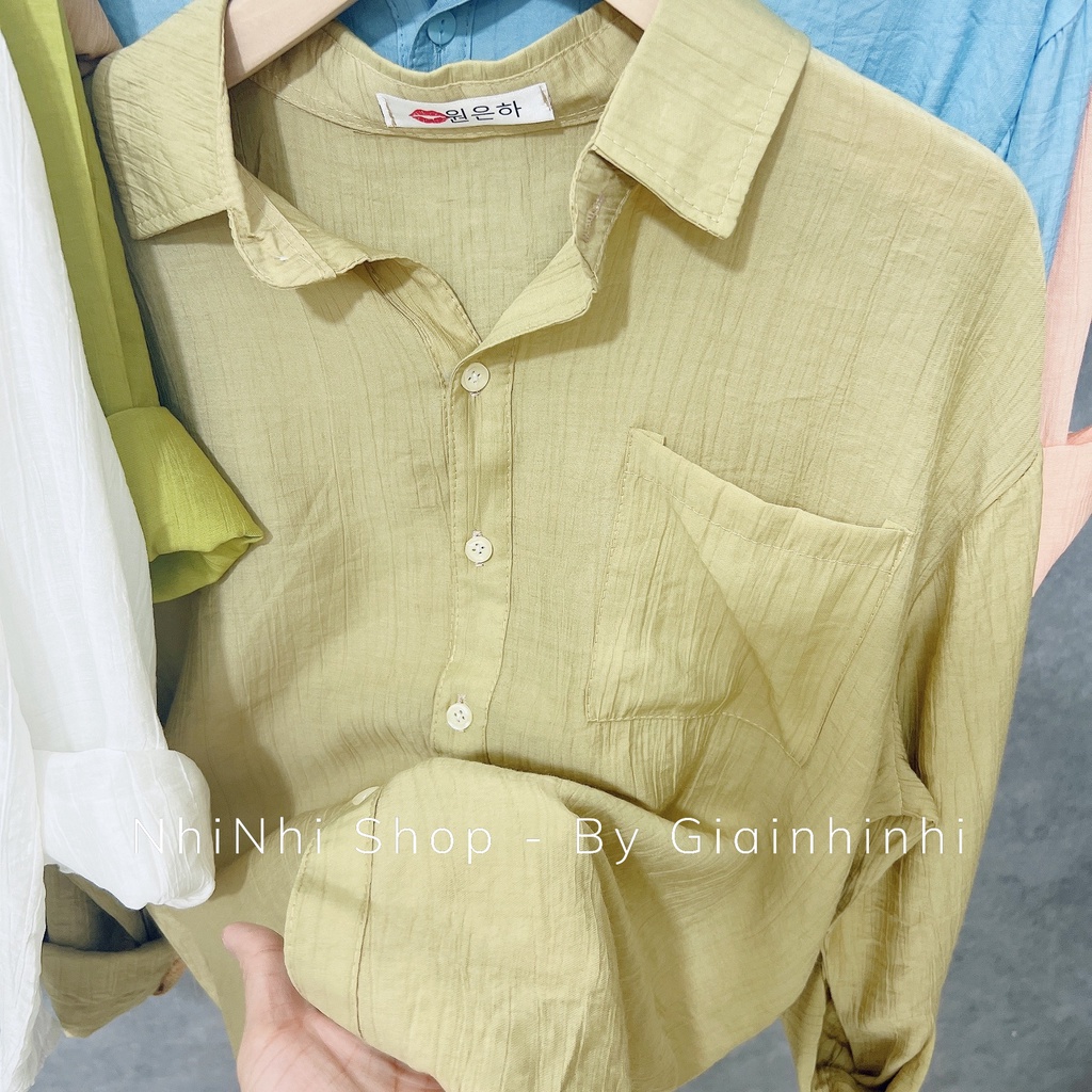 Áo sơ mi kiểu 1 túi dài tay dáng rộng, Áo sơ mi nữ đũi tơ nhăn mát SM8761 - NhiNhi Shop