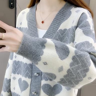 【ZHELIHANGFEI】Áo Cardigan Dệt Kim Tay Dài Cổ Chữ V Dáng Rộng Lưng Cao Dễ Phối Đồ