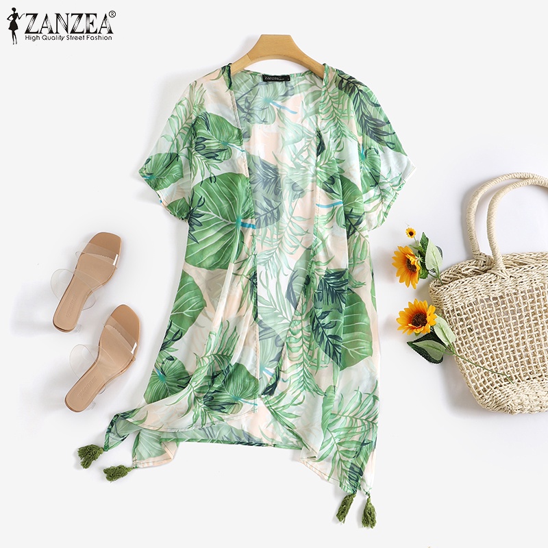 Áo khoác cardigan Zanzea tay cánh dơi cổ chữ V họa tiết hoa lá nhiệt đới hợp thời trang cho nữ