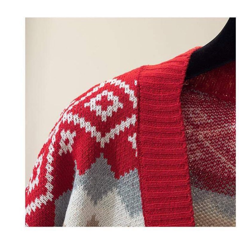 Áo khoác len cardigan nữ dáng dài from rộng họa tiết thổ cẩm.