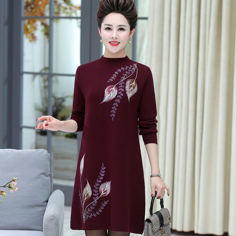 Váy của mẹ cho mùa thu / mùa đông váy in dày mới cho người trung niên và người lớn tuổi