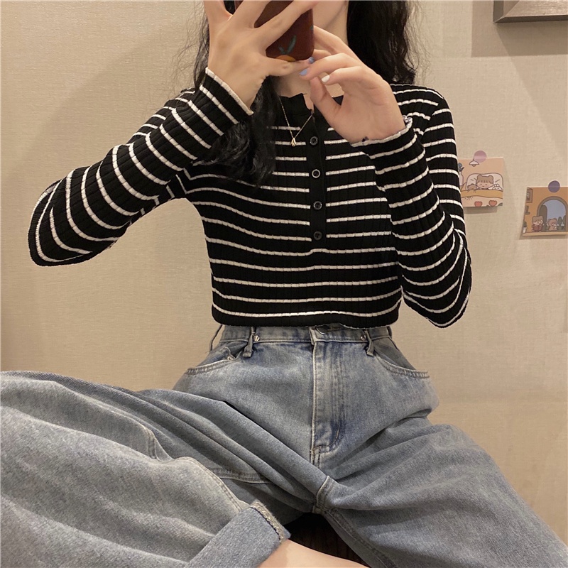 Áo len nữ mỏng kẻ sọc phong cách hàn quốc 2021, áo len nữ dài tay kẻ ngang thời trang thu đông | BigBuy360 - bigbuy360.vn