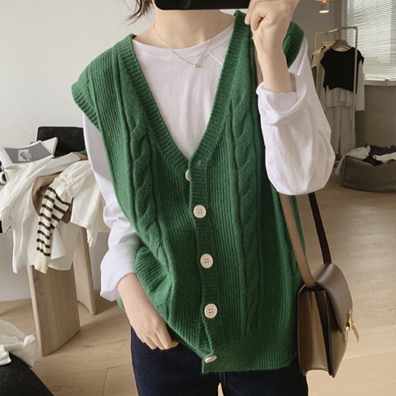 Áo Sweater Dệt Kim Sát Nách Dáng Rộng Màu Trơn Kiểu Hàn Quốc Thời Trang Mùa Thu Năng Động