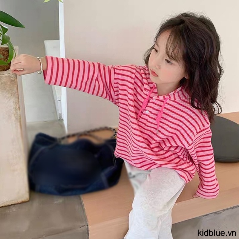 Áo sọc chui đầu có mũ phong cách Hàn Quốc dài tay thời trang Xuân Thu cho bé