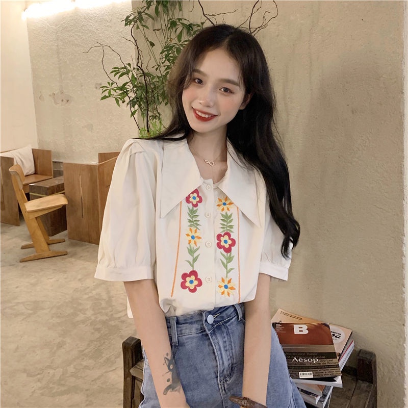 Áo Sơ Mi Tay Ngắn Dáng Rộng Thêu Hoa Thời Trang Mùa Hè Mới Cho Nữ
